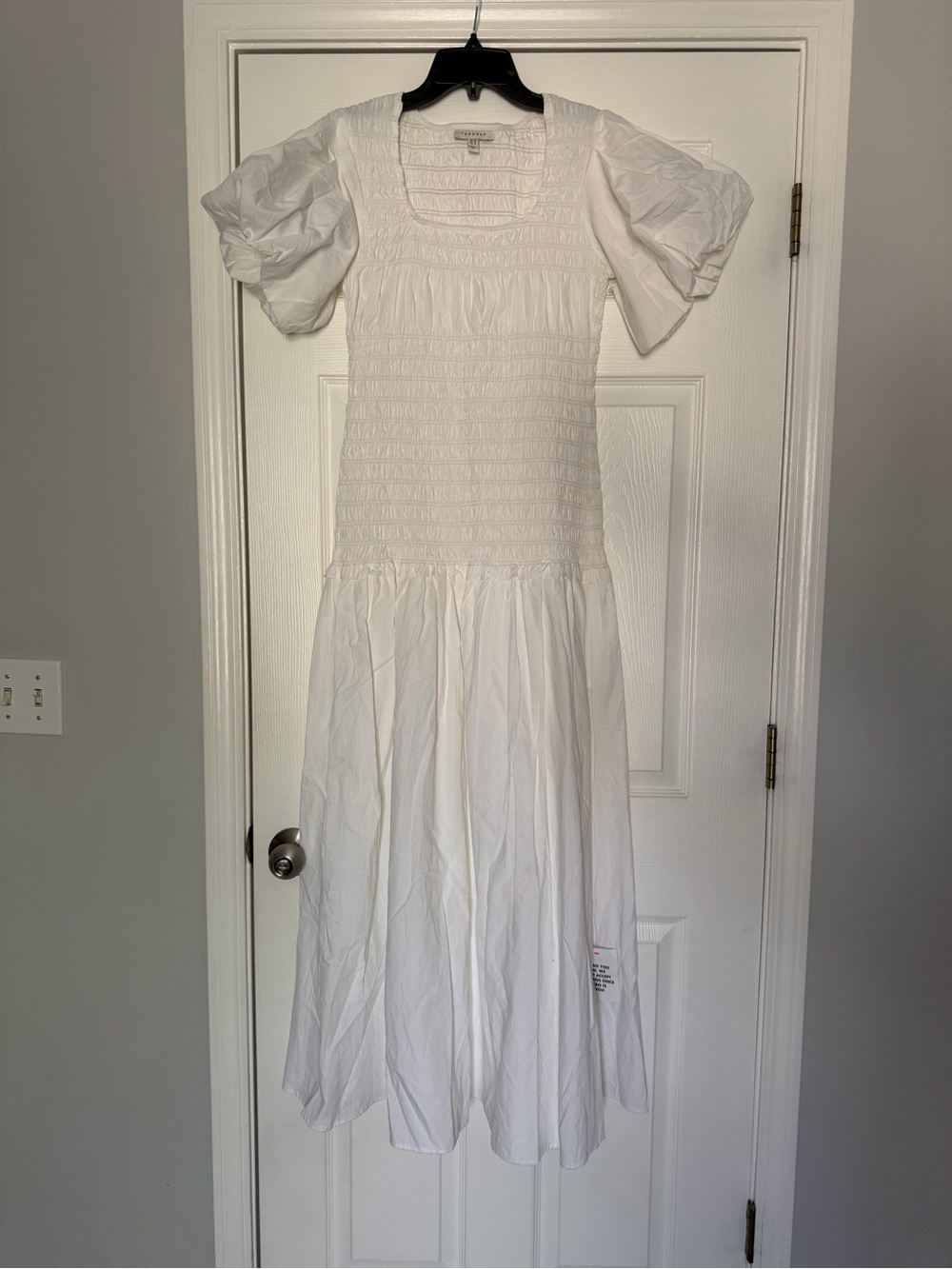 Topshop White Smocked Maxi Dress with Puff Sleeves